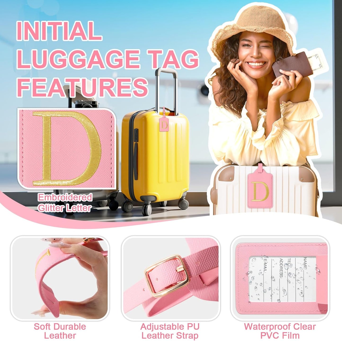 Personalized Initial Luggage Tags for Suitcase, Pink Leather Cute Luggage Tags with Privacy Cover Name Card, Embroidered Custom Monogrammed Luggage Tag Travel Bag Baggage Tags Gifts for Women Kids(D)