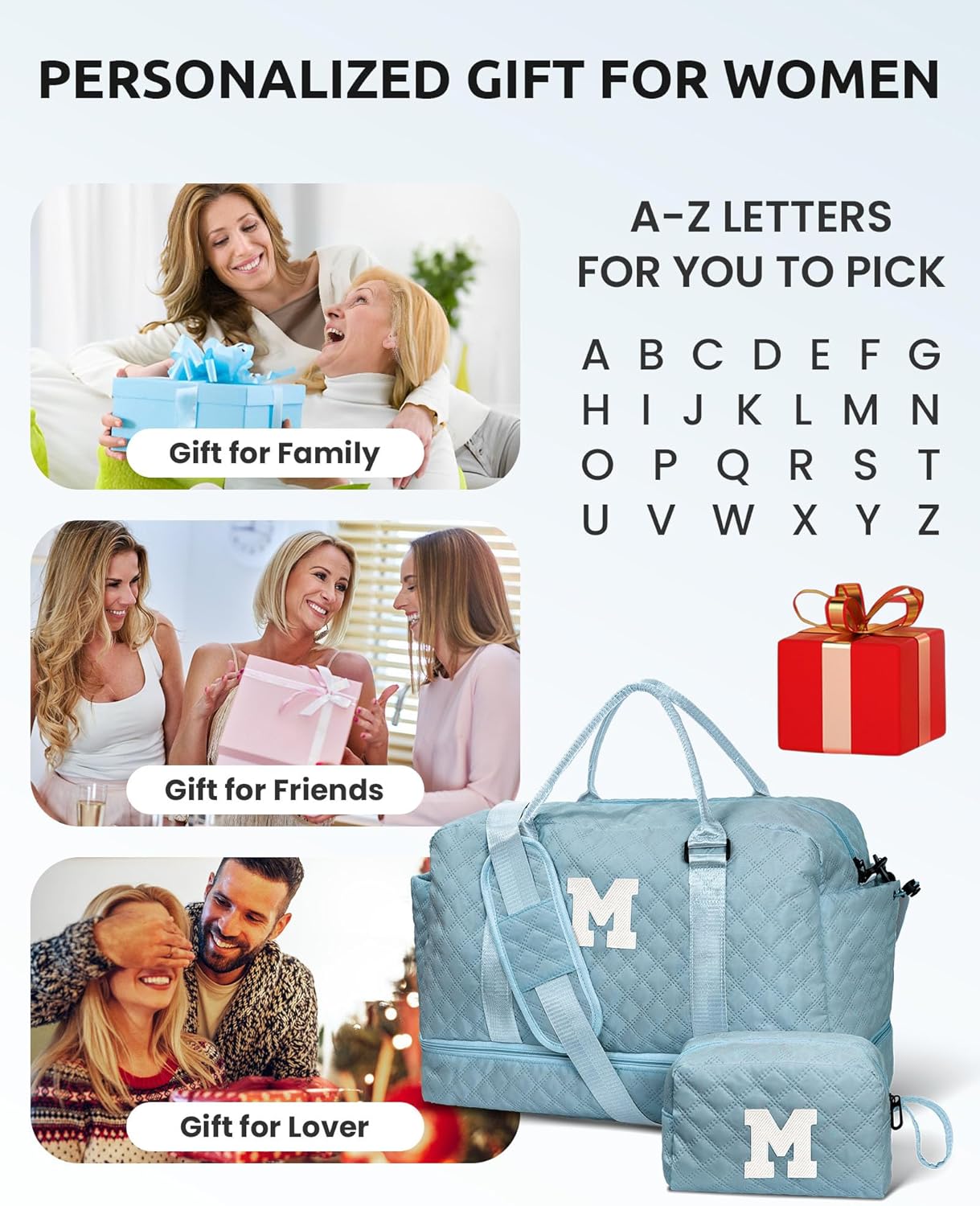 Gifts for Friends - Initial Personalized Weekender Duffle Bag with Shoe Compartment and Travel Makeup Bag for Daughter or Sister (Letter I)