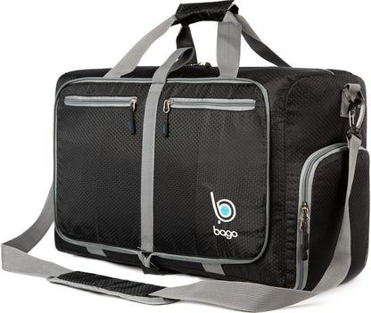 Bago Foldable Duffel Bags for Traveling Women & Men - 40L Sports Packable Duffle Bag for Travel with Shoe Compartment - Water Repellant, Heavy Duty, Lightweight Folding & Collapsible (Black)