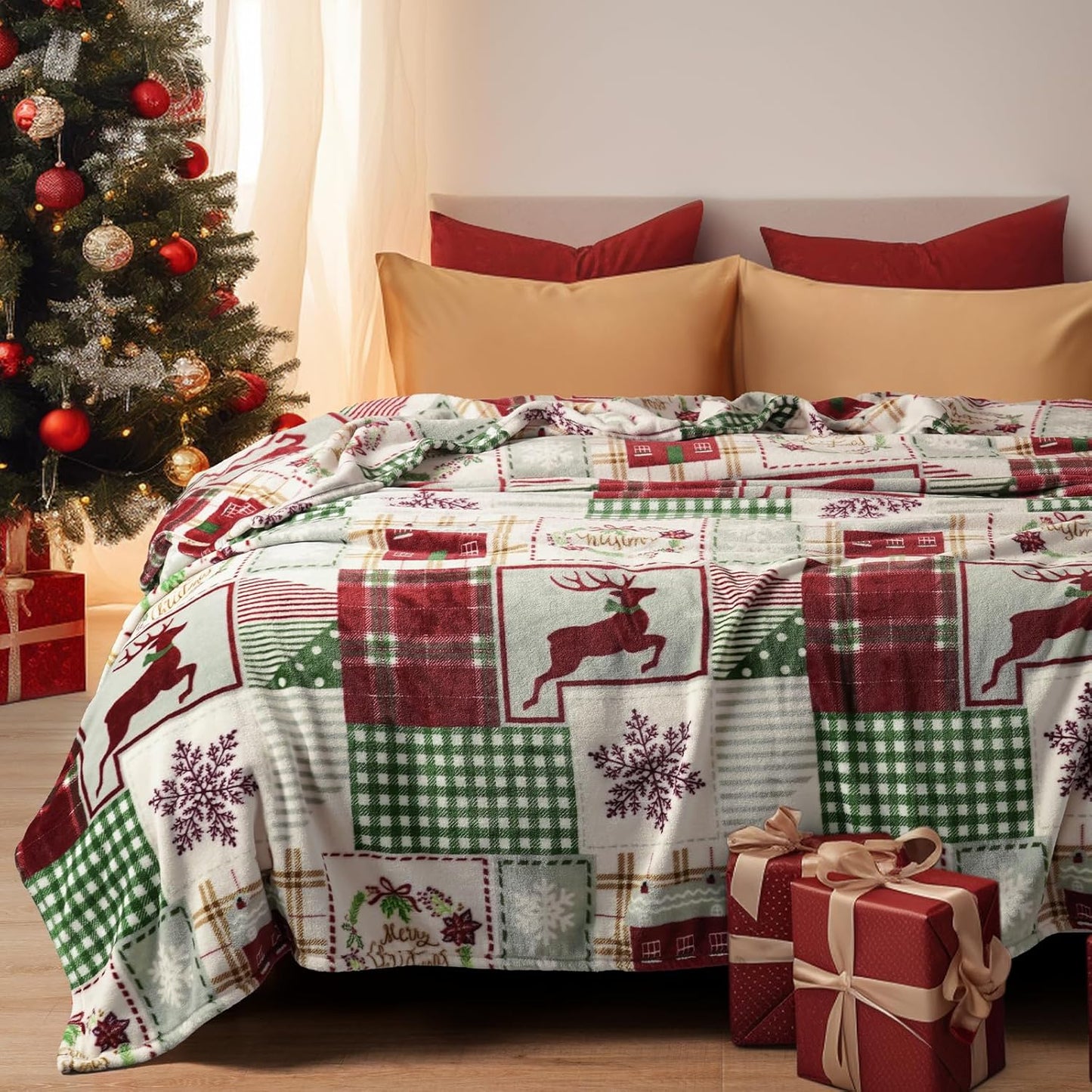 PHF Printed Fleece Blanket Queen Size, No Shed No Pilling Ultra Soft Plush Cozy Xmas Prints Theme Home Décor Flannel Blanket for Bed, Sofa, Couch and Gift, 90" x 90", Rindeer