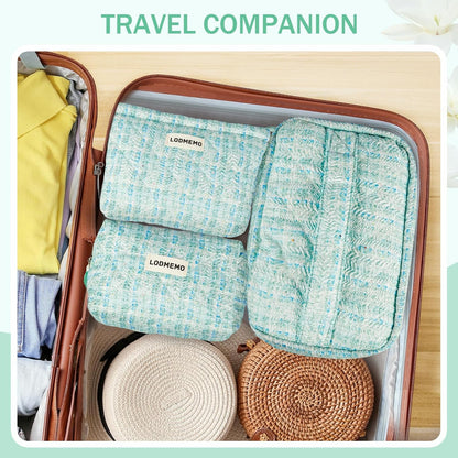 Makeup Bag 3 PCS Quilted Cosmetic Bags for Women, Large Travel Make up Bag Set Cute Cotton Toiletry Bag Organizer Pouch for Purse, Green