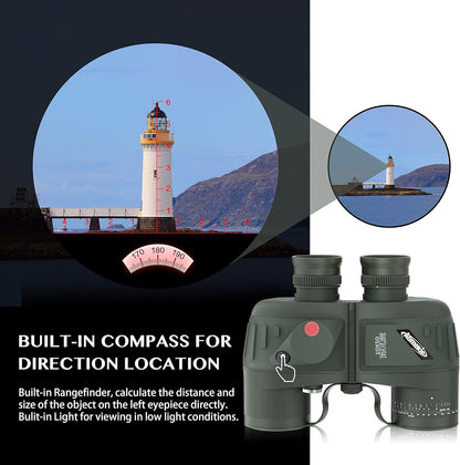AOMEKIE Marine Binoculars for Adults 10x50 Waterproof Binoculars with Rangefinder Compass BAK4 Prism FMC Lens for Birdwatching Hunting Boating