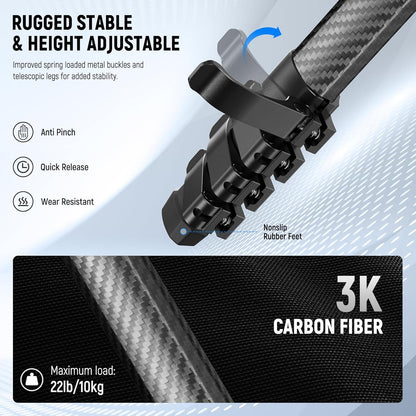 NEEWER LITETRIP LT38 61" Travel Tripod Carbon Fiber for Camera, 360° Pan Tilt Low Profile Ball Head, Flexible Center Axis, Arca QR Plate Compatible with Peak Design Tripod Clip V3, Max Load 22lb