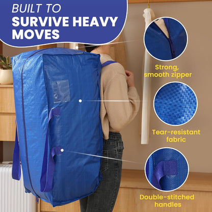 Extra Large Moving Bags - 6-Pack Heavy Duty Storage Duffel - Sturdy Backpack Straps Handles, Zippers - Reusable Moving Storage Bags for Clothes - Folding Collapsible Storage Tote Bag Set – Blue