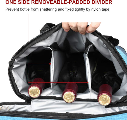 Tirrinia Insulated Wine Gift carrier - 3 Bottle Travel Padded Wine Carry Cooler Tote Bag with Handle and Adjustable Shoulder Strap, Blue