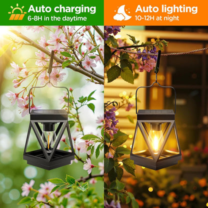 KOOPER 4 Pack Solar Lanterns Outdoor Waterproof, Upgraded Black Metal Hanging Solar Lights Outdoor Lanterns Decorative for Yard Patio Table Pathway Garden Decor
