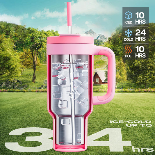 POWCAN 40 oz Tumbler with Handle, 2-in-1 Straw and Sip Lid, Leakproof, Dishwasher Safe, Insulated Stainless Steel Travel Coffee Mug, Keeps Cold for 34 Hours, Fits in Car Cup Holder (Coral)