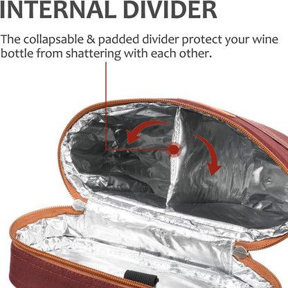 Tirrinia 2 Bottle Wine Gift Tote Carrier - Leakproof & Insulated Padded Versatile Wine Cooler Bag for Travel, BYOB Restaurant, Wine Tasting, Party, Dinner, Gift for Wine Lovers, Red