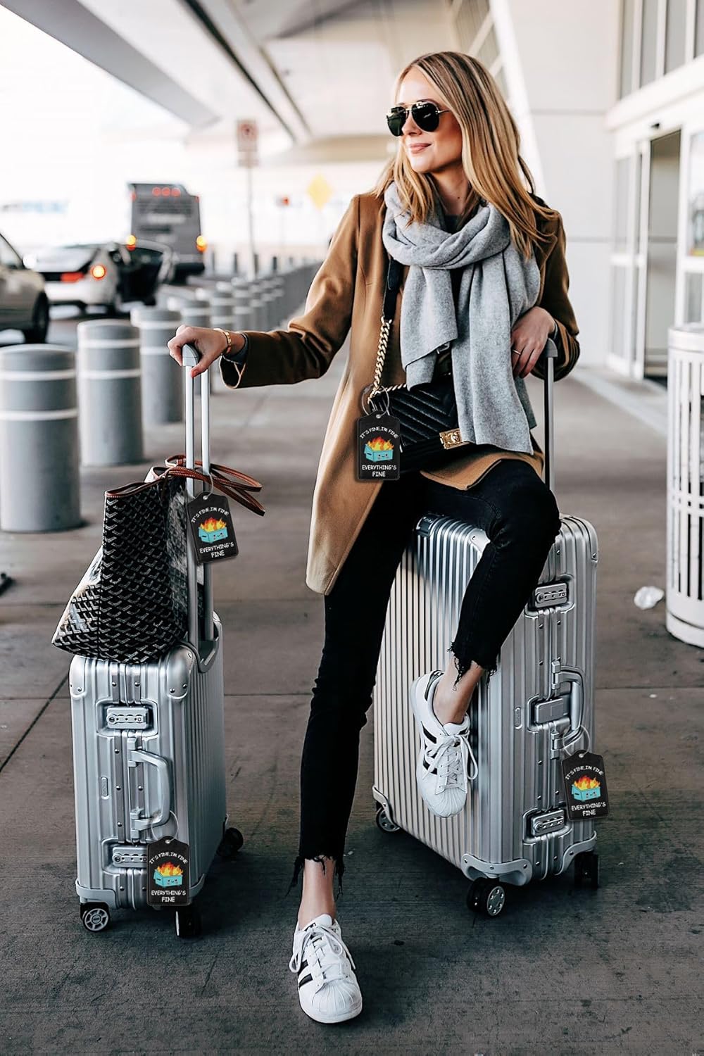 2 Pack Luggage Tags for suitcases Funny Cute Black Trash on fire I'm Fine It's Fine Luggage Tag, Leather Stainless Steel Loop Label Tag for Men Women Travel Bag Suitcase(Trash on fire)