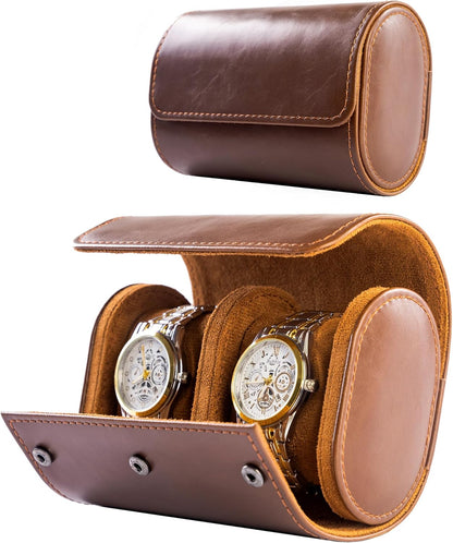 MR.OKAY 2 Watch Travel Case-Classic Leather Watch Case With Superb Texture.Portable Watch Roll Or Organizer For Storage And Display. Travel Gift for Men, All Handmade By Leather Craftsmen.