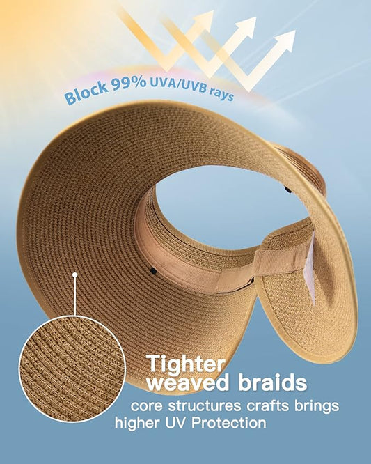 FURTALK Sun Hats for Women Wide Brim Beach Hat Straw Visor Ponytail Summer UV Packable Foldable Beach Vacation Essentials