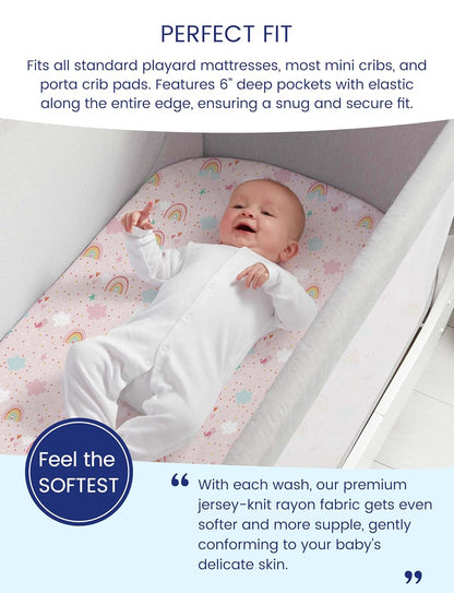 TotAha Premium Soft Pack n Play Sheets, Super Stretchy Jersey Knit Mini Crib Sheets Fitted, Silky Comfort Pack and Play Mattress Sheets, 2 Pack (Rainbow)