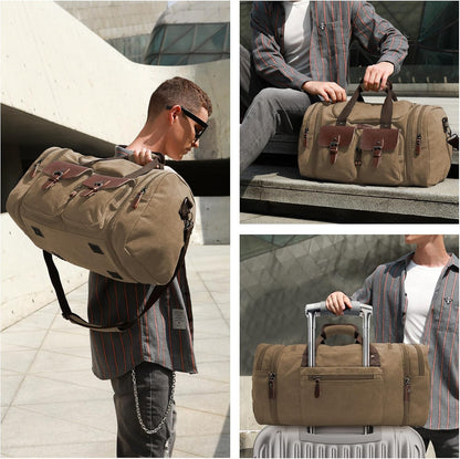 Wildroad 60L Travel Duffel Bag, Expandable Canvas Genuine Leather Duffle Bag Upgraded Overnight Weekender Bag Carry on Bag (Coffee, X Large-60L)