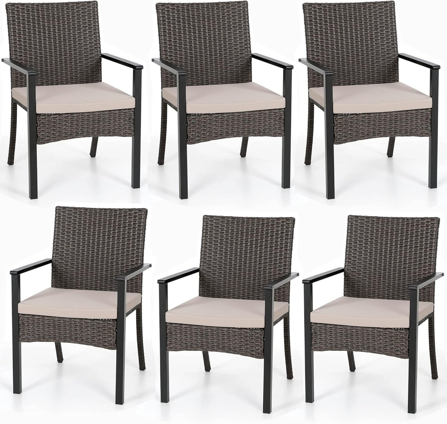 PHI VILLA Outdoor Wicker Chairs Set of 6, Rattan Covered Metal Armchairs with Removable Cushion, Heavy Duty Furniture Set for Patio, Deck, Porch, Yard