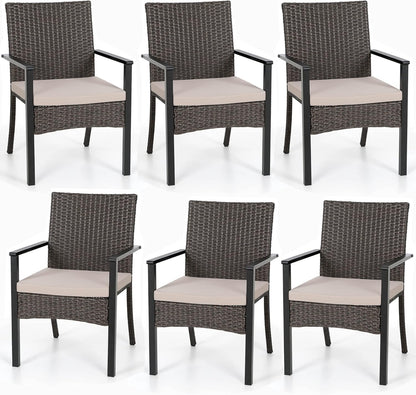 PHI VILLA Outdoor Wicker Chairs Set of 6, Rattan Covered Metal Armchairs with Removable Cushion, Heavy Duty Furniture Set for Patio, Deck, Porch, Yard