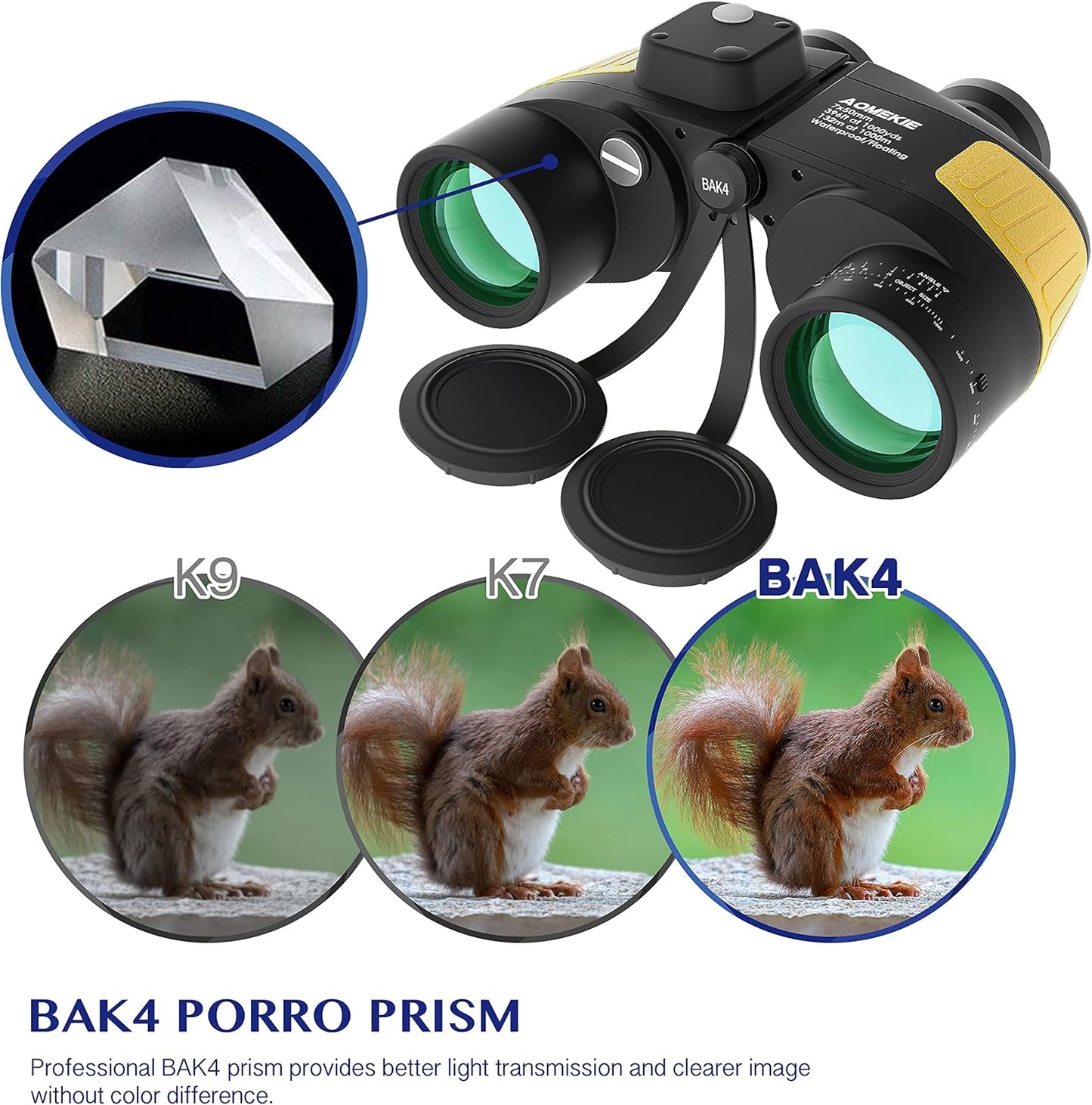 AOMEKIE Marine Binoculars for Adults 7X50 Military Waterproof Binoculars with Illuminated Rangefinder Compass BAK4 Prism IPX7 Fogproof for Boating Navigation Hunting Fishing Water Sports