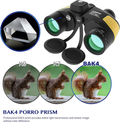 AOMEKIE Marine Binoculars for Adults 7X50 Military Waterproof Binoculars with Illuminated Rangefinder Compass BAK4 Prism IPX7 Fogproof for Boating Navigation Hunting Fishing Water Sports