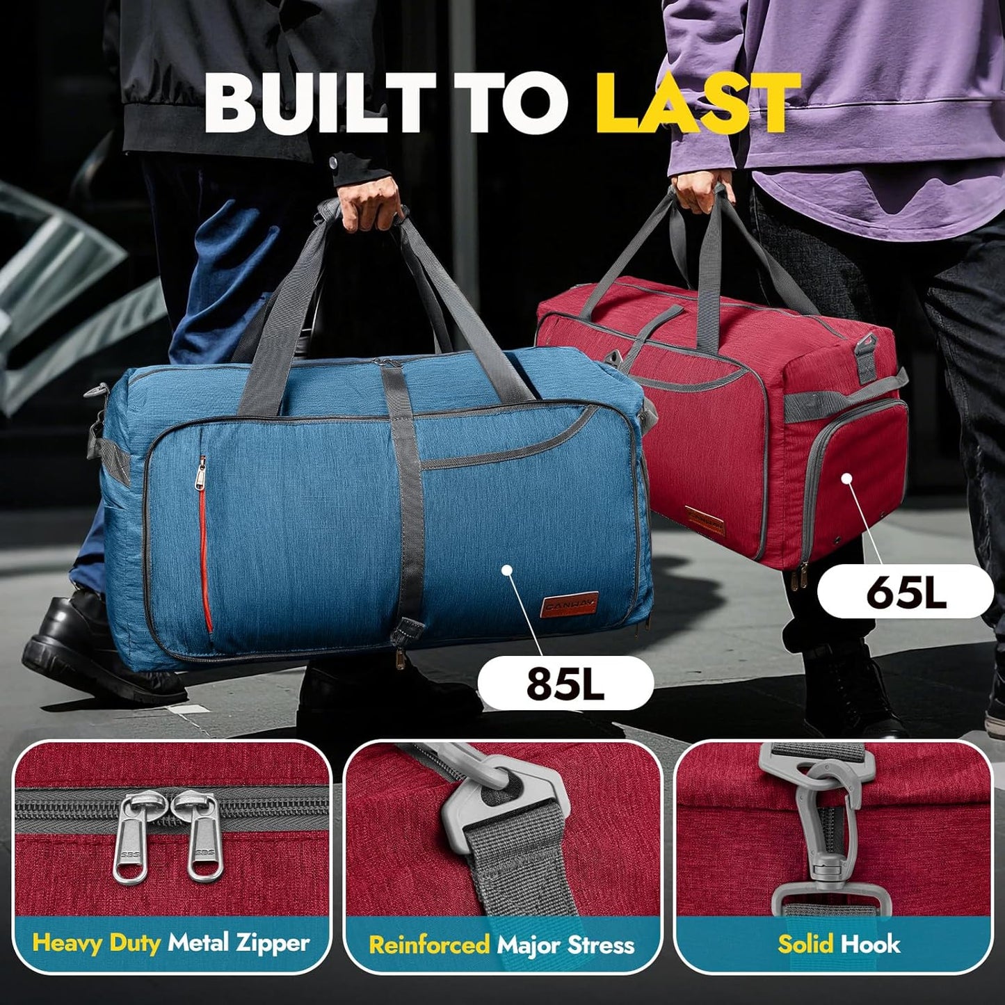 Canway 65L Travel Duffel Bag, Foldable Weekender Bag with Shoes Compartment for Men Women Water-proof & Tear Resistant