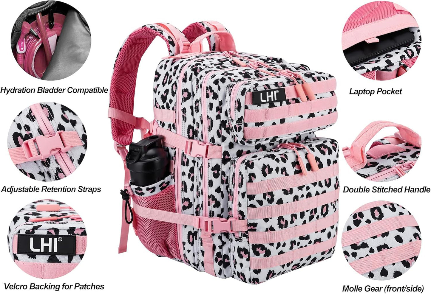 LHI Military Tactical Backpack for Men and Women 45L Army 3 Days Assault Pack Bag Large Rucksack with Molle System - Pink Leopard