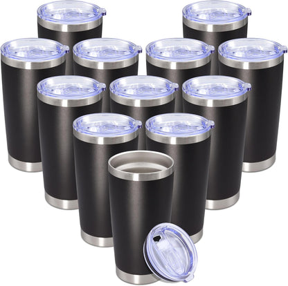 20 oz Tumbler with lid Double Wall Vacuum Insulated Tumblers Stainless Steel Coffee Mug Travel Coffee Tumbler Powder Coated Tumbler Cup Keep Hot&Cold - (Black 12 Pack)