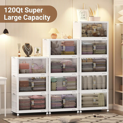 BROVIEW 480Qt Stackable Storage Bins with Lid, Extra Large Closet Organizer Collapsible Drawer Boxes with Wheels, Folding Plastic Cabinet Containers for Home Kitchen Room Organization, 4Pack White