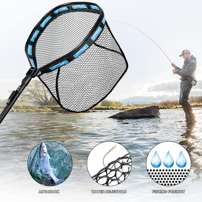 PLUSINNO Floating Fishing Net for Steelhead, Salmon, Fly, Kayak, Bass, Trout Fishing, Catfish, Rubber Coated Landing Net for Easy Catch & Release for Easy Transportation & Storage