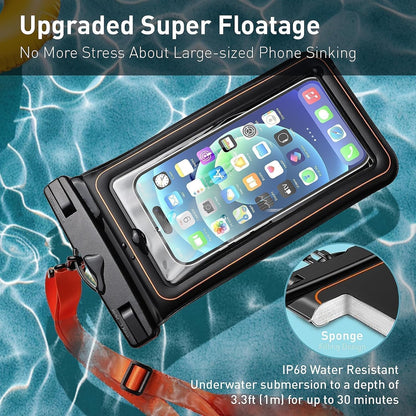 Marine IP68 Waterproof Phone Pouch, Floating Waterproof Dry Bag Compatible for iPhone 16 15 14 13 12 Pro Max Plus Up to 7"，Cellphone Cruise Essentials Must Haves, 1 Pack- Black/Hi-Vis Orange