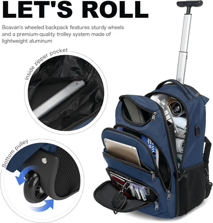 Boavan Rolling Backpack,17 inch Water Resistant Wheeled Backpack,Carry on Luggage Business Bag, Overnight College Computer bag Trolley Suitcase for Men Women Adults to Travel，Black