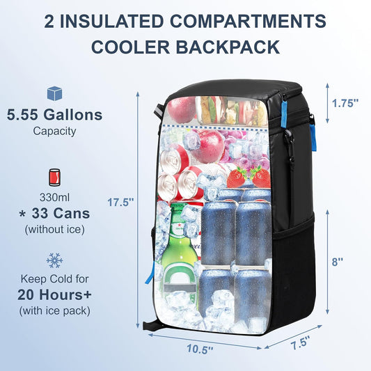 SPARTER Backpack Cooler Insulated Leak Proof 33/49 Cans, 2 Insulated Compartments Thermal Bag, Portable Lightweight Beach Travel Camping Lunch Backpack for Men and Women