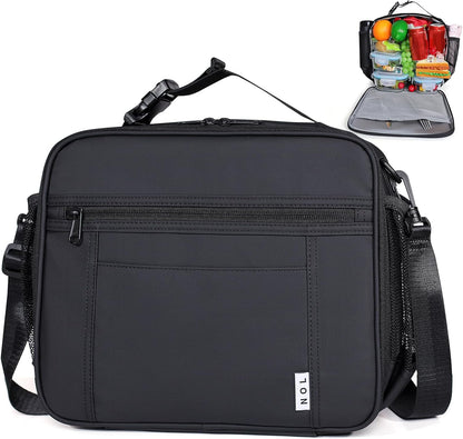 NOL Kids Lunch Bag - Kids 3+ Reusable Insulated Lunch Box with Zipper Closure Buckle Handle Adjustable Long Shoulder Strap, Easy-Clean Waterproof Fabric, Children Lunch Tote Bag for School-Black