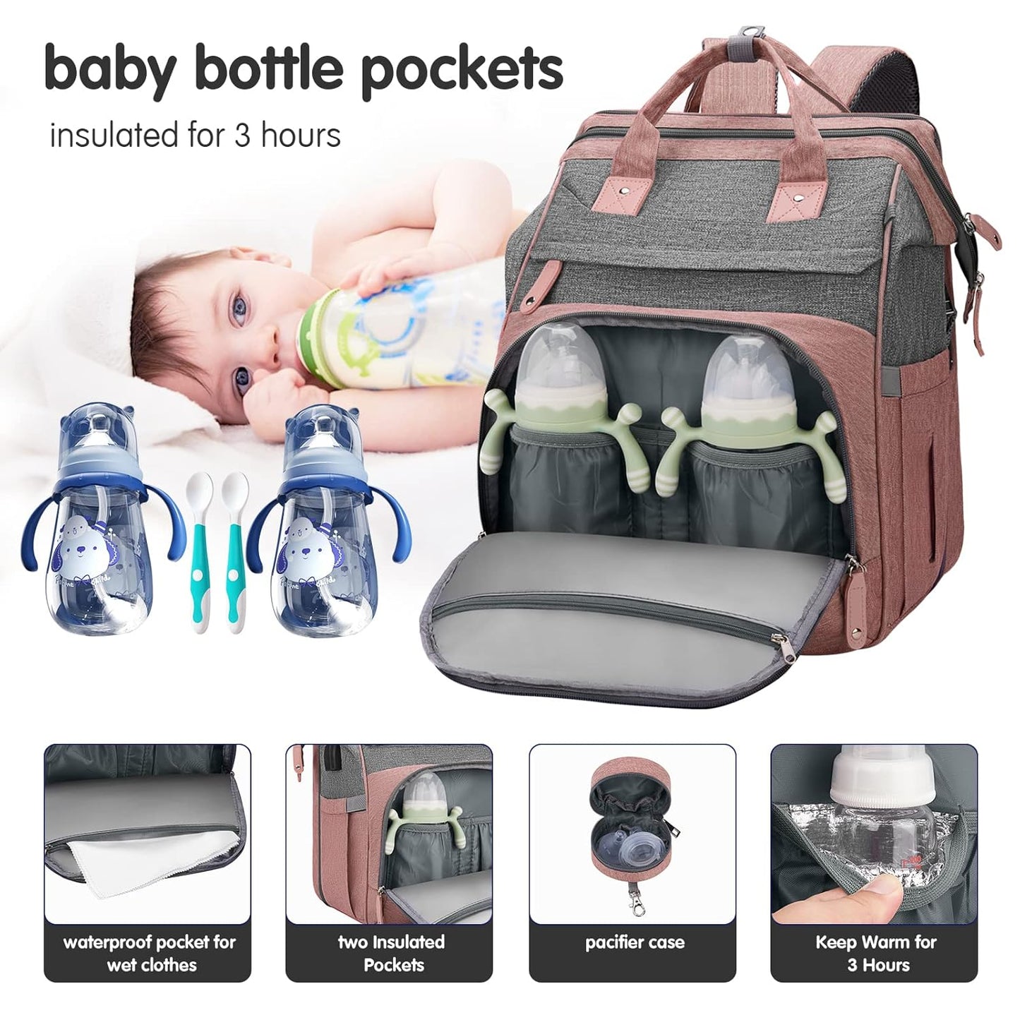 DERJUNSTAR Baby Diaper Bag Backpack, Diaper Changing Station, Baby Bags for Boys Girls,Waterproof Changing Pad,USB Charging Port,Pacifier Case, Sunshade and Toy Bar, Pale Pink