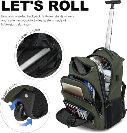 Boavan Rolling Backpack,17 inch Water Resistant Wheeled Backpack,Carry on Luggage Business Bag, Overnight College Computer bag Trolley Suitcase for Men Women Adults to Travel，Green