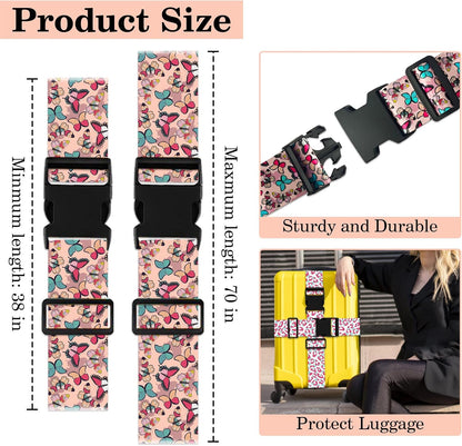 Butterfly Luggage Straps for Suitcases TSA Approved, Luggage Identifiers for Suitcase, Adjustable Suitcase Strap for Baggage Security with Cute Patten, Travel Necessary Accessories (2Pack)