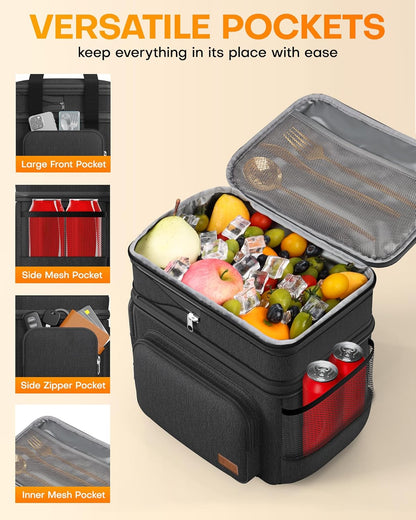 HOTOR Lunch Box for Men and Women - Leak-Proof Insulated Lunch Cooler Bag with Adjustable Strap, Multiple Pockets for Office, Picnic, Hiking, Beach, 2 Layer, 32L, Black, 14.6" x 10.7" x 13.0"