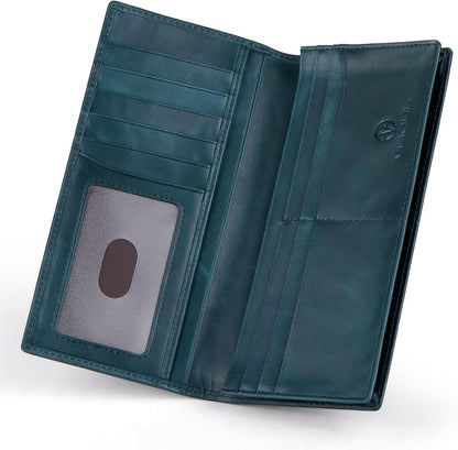 VISOUL Mens Checkbook Leather Wallets Long Bifold Wallets for Men Suit Wallet with 3 Cash Compartments 12 Credit Card Slots (Dark Blue)