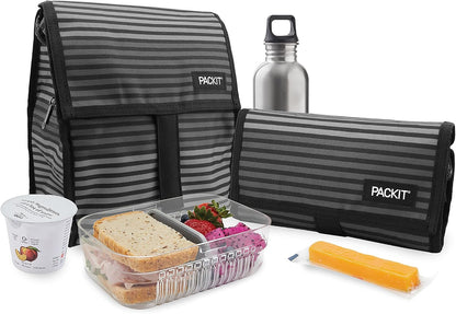 PackIt Freezable Lunch Bag, Gray Stripes, Built with EcoFreeze Technology, Foldable, Reusable, Zip and Fold Closure with Buckle Handle, Perfect for School and Office Lunches