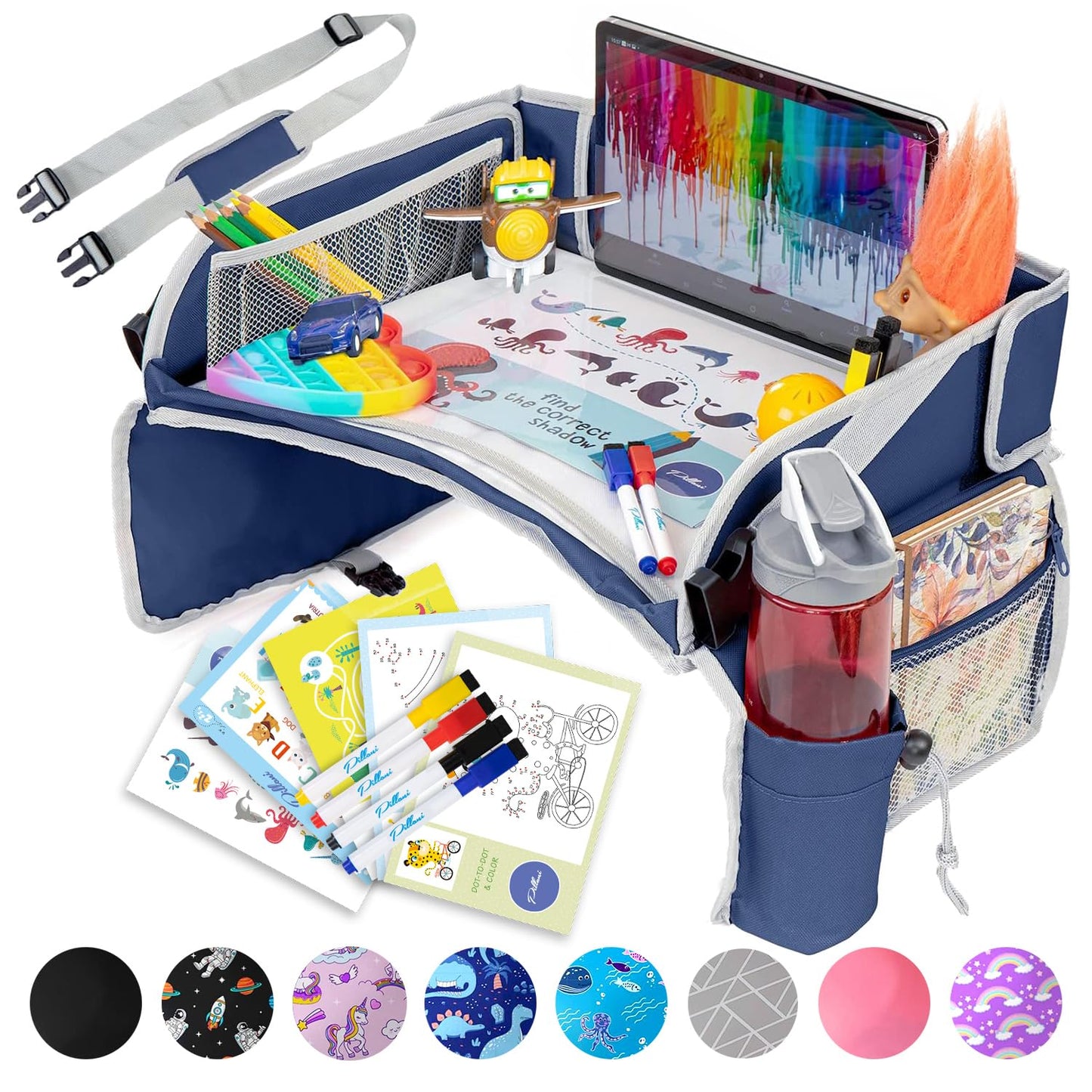PILLANI Kids Travel Tray for Car - Car Seat Tray for Kids Travel, Road Trip Essentials Must Haves - Carseat Table Roadtrip Activities - Toddler Lap Desk Organizer for Airplane - Kids Travel Essentials