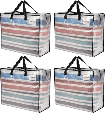 VENO 4 Pack Heavy Duty Moving Bags, Storage Bags, Packing Supplies, Top Zipper, Storage Totes for Camping, Clothes, Bedding, Comforters, Pillows (22 Gallon Clear, 4 Pack)