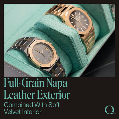 Napa Leather Watch Rolls for Men - Hexagon Triple Watch Roll Travel Case 3 Watches - Storage Organizer Genuine Leather with Velvet Interior Display (Gray/Turquoise)