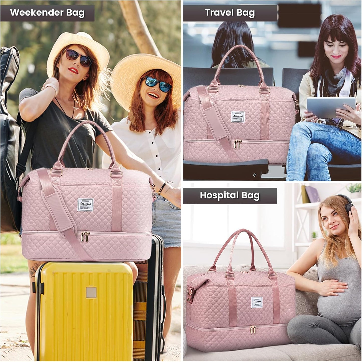 LOVEVOOK Travel Duffle Bag,Weekender Bags for Women with Shoe Compartment，Carry on Overnight Bag with Toiletry Bag,Gym Duffel Bag with Wet Pocket, Hospital Bags for Labor and Delivery