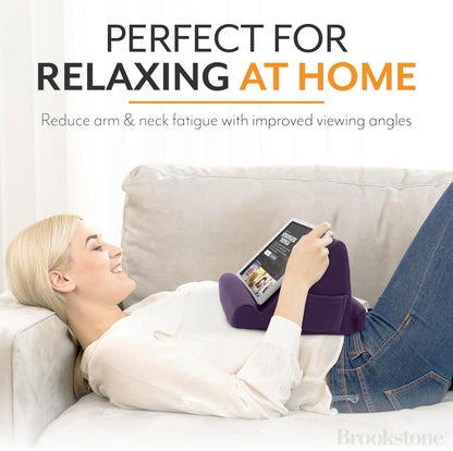 Brookstone, Memory Foam Lap Desk Tablet Holder, Holds Phones, iPads, E-Book Readers, 2 Viewing Angles, 2 Side Pockets for Accessories, Book Holder Cushion, Perfect Home, Car Travel Flights, Purple