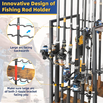 Olakee Fishing Rod Holder, Fishing Pole Holders for Garage Boat Home Entryway Fishing Gear Storage with Tackle Cart Ideal Gift for Men Dad Anglers Corner Design for Rods and Equipment Organizers