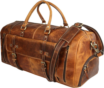 KomalC Leather Duffel Bags for Men and Women Full Grain Leather Travel Overnight Weekend Leather Bags Sports Gym Duffel for Men (Tan, 24 Inch)