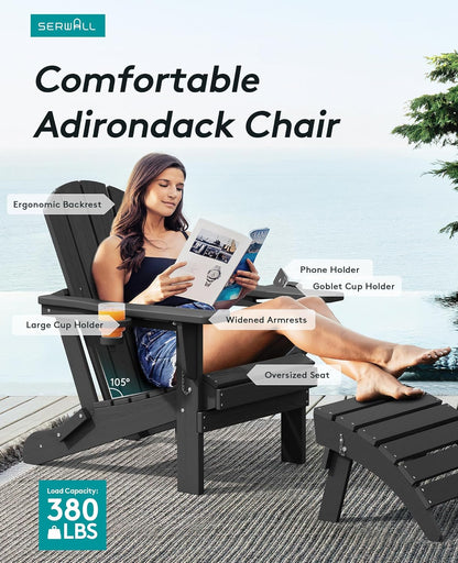 SERWALL HDPE Folding Adirondack Chair with Dual Cup Holder - Composite Adirondack Chair - Black