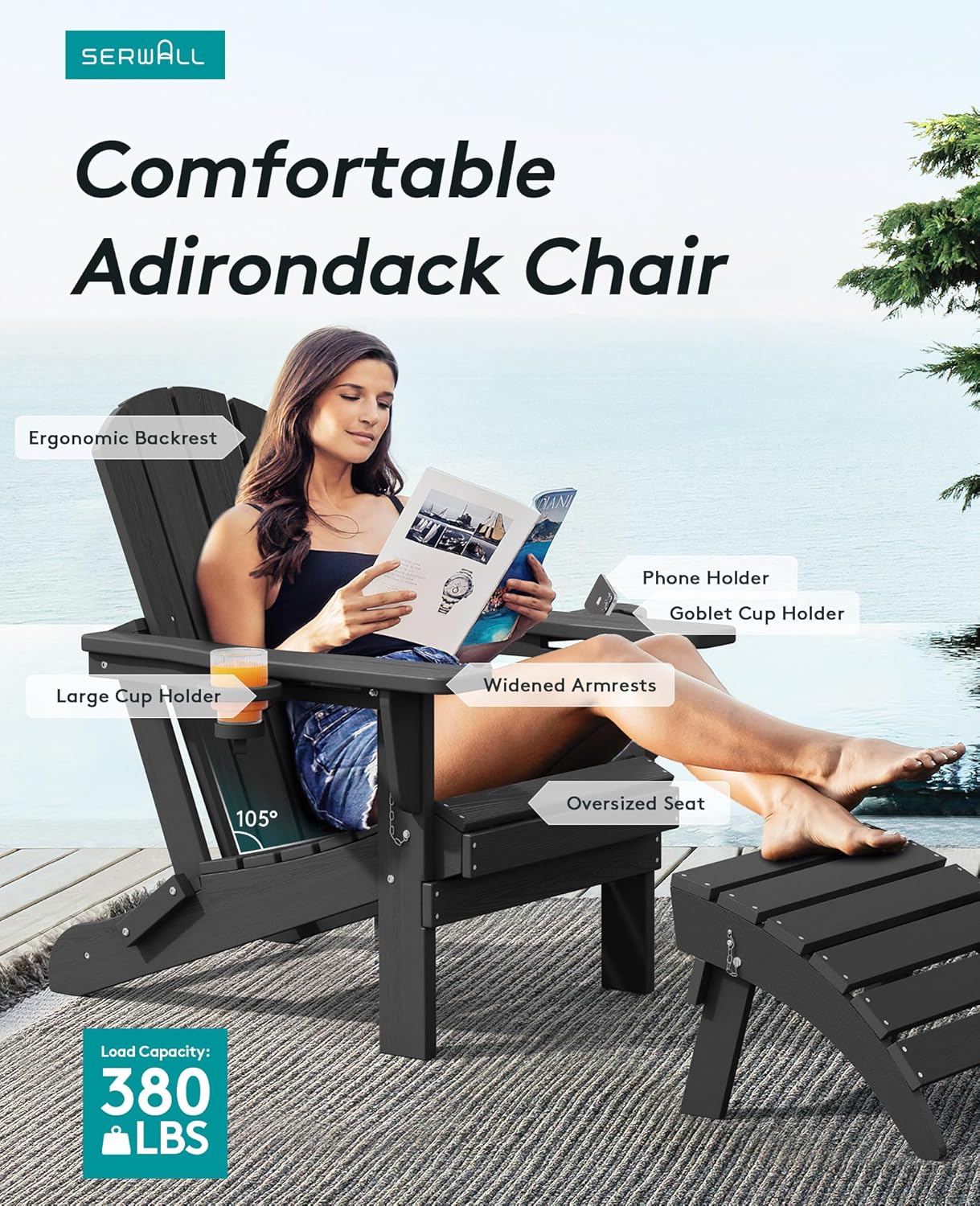 SERWALL HDPE Folding Adirondack Chair with Dual Cup Holder - Composite Adirondack Chair Set of 2- Black