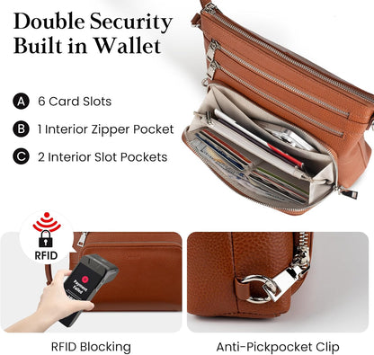 befen Genuine Leather Crossbody Bags for Women, Lightweight Medium Anti-Theft Shoulder Purse with Built in RFID Wallet