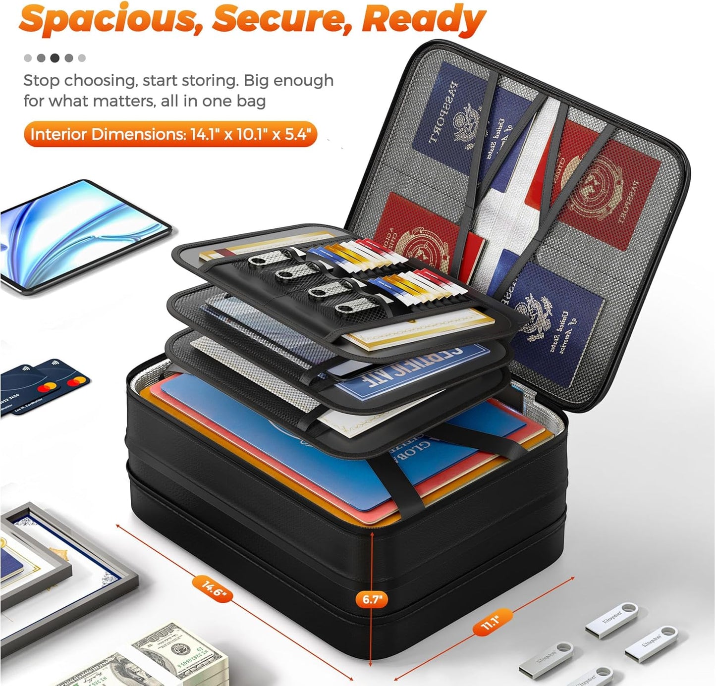 Nacial 5200℉ Fireproof Document Box with Lock, Expandable Document Organizer, Heat Insulated Fireproof Waterproof Box for File Storage, ﻿Portable Sturdy Handle for Important Documents Home Travel