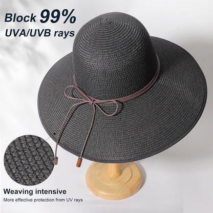 DRESHOW Beach Hats for Women Big Straw Wide Brim Summer Hat Floppy Foldable Roll up Cap Sun Hat UPF 50+