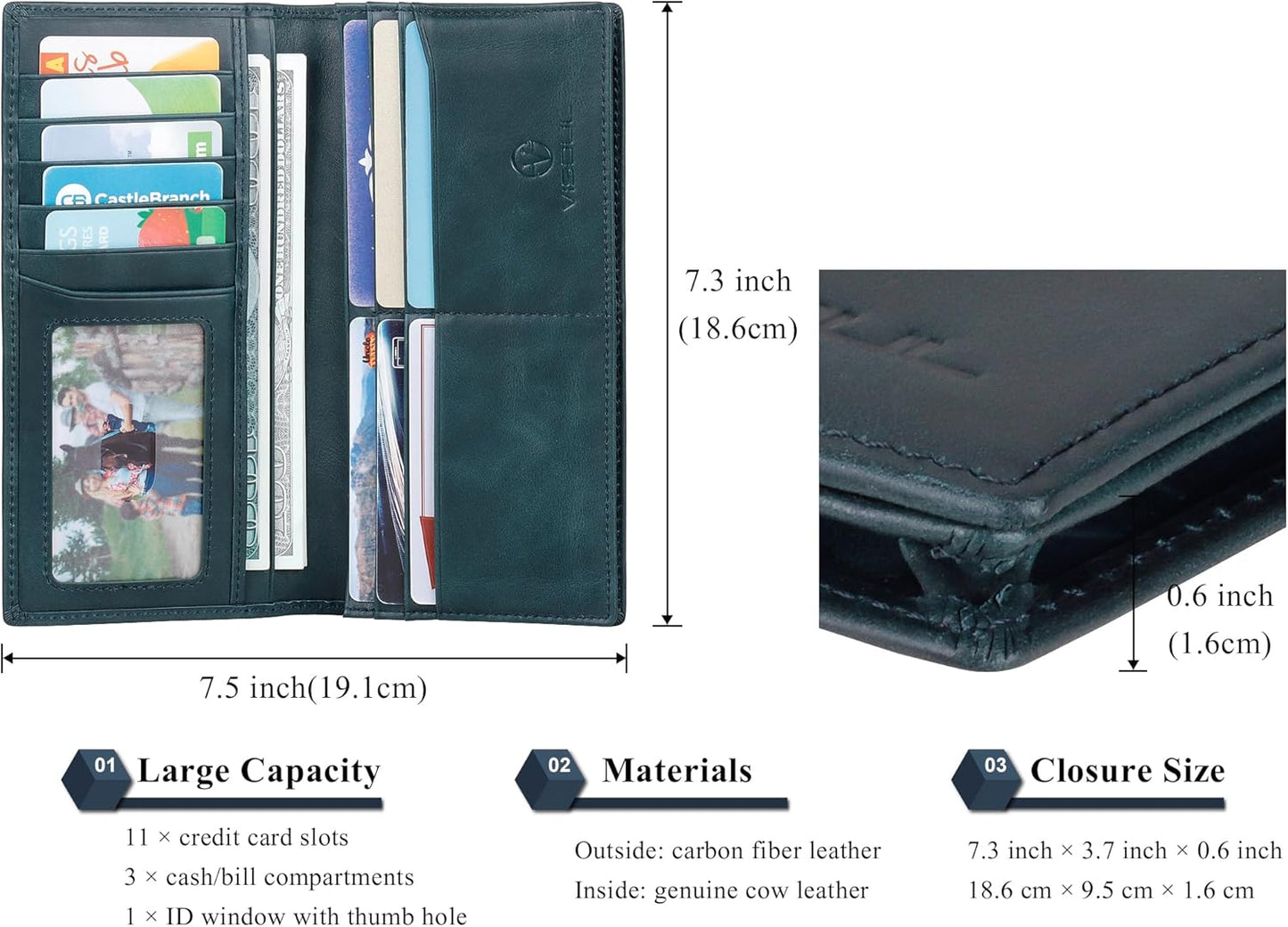 VISOUL Mens Checkbook Leather Wallets Long Bifold Wallets for Men Suit Wallet with 3 Cash Compartments 12 Credit Card Slots (Dark Blue)