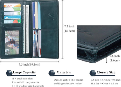 VISOUL Mens Checkbook Leather Wallets Long Bifold Wallets for Men Suit Wallet with 3 Cash Compartments 12 Credit Card Slots (Dark Blue)